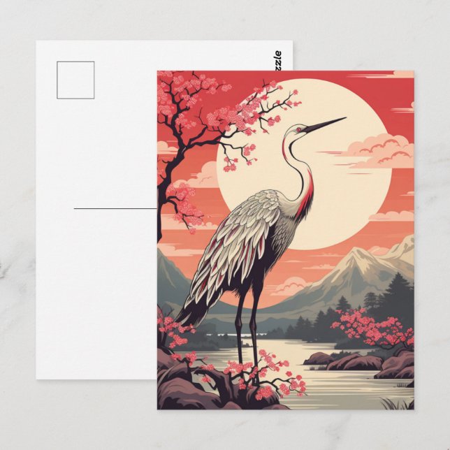 Stork vid soluppgången vid Sjö och Sakura träd Vykort (Fram/baksida)