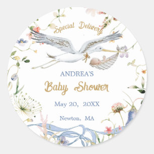 Stork Vildblomma Band Baby Shower Runt Klistermärke