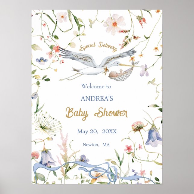 Stork Vildblomma Band Baby Shower Välkomstskylt Poster (Framsidan)