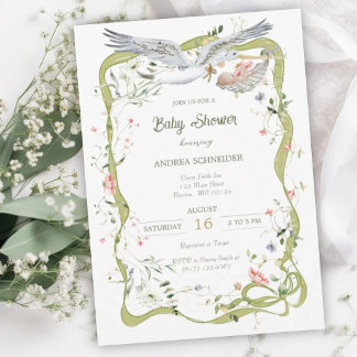 Stork Vildblomma Band Babyfirande Inbjudningar