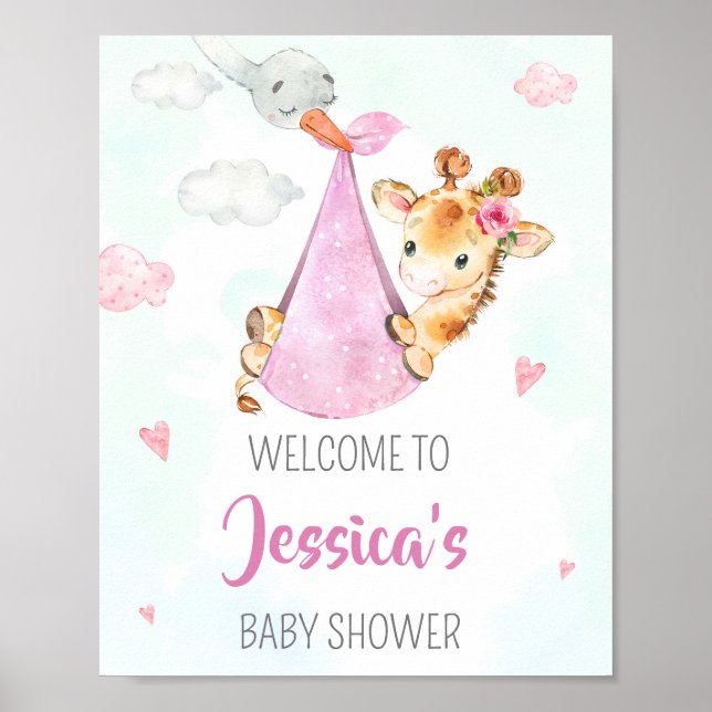 Stork Welcome party Sign Girl giraffe party poster (Framsidan)