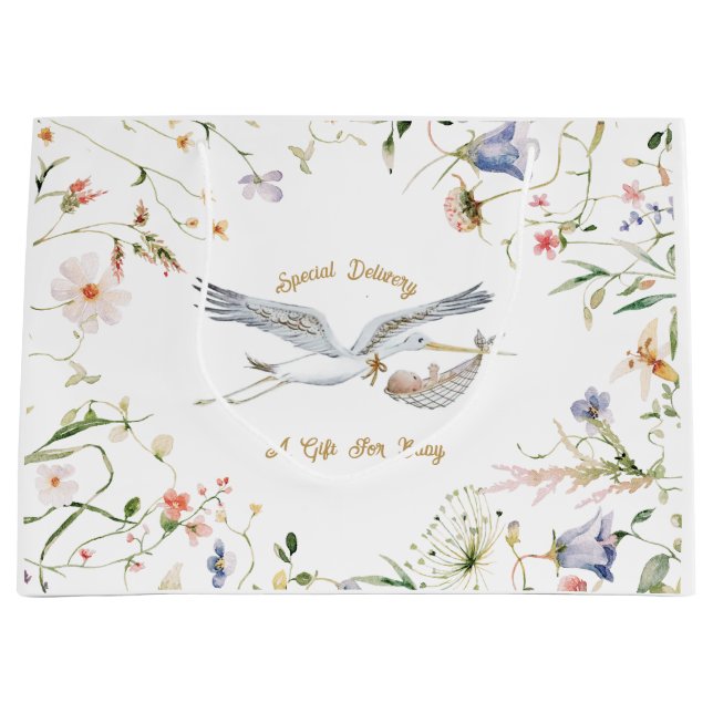 Stork Wildblommor Ribbon Baby Shower (Framsidan)