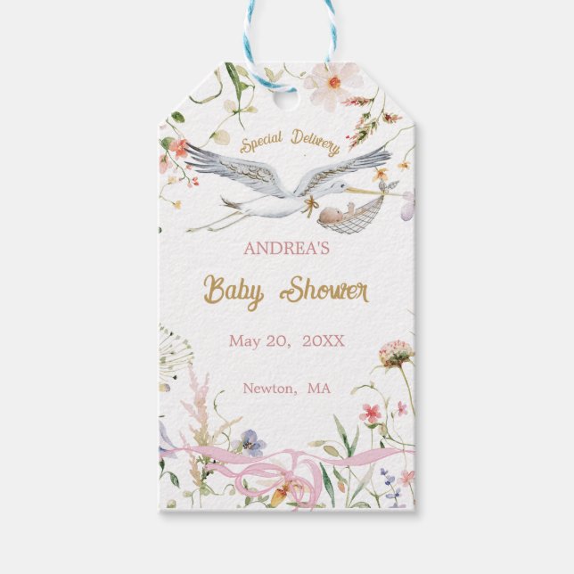 Stork Wildblommor Ribbon Baby Shower Presentetikett (Framsidan)