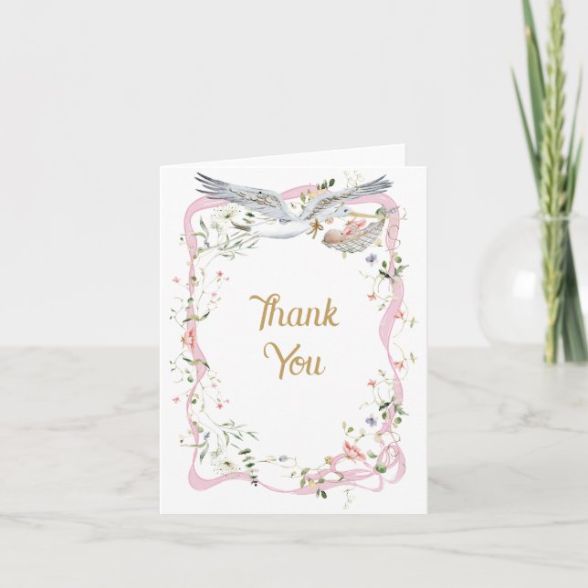 Stork Wildblomribbon och Bow Baby Shower Tack Kort (Framsida)