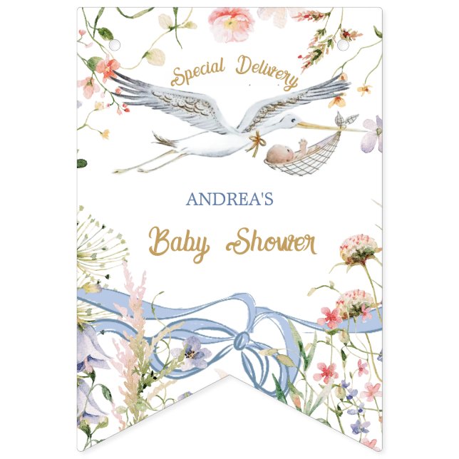 Stork Wildblomribbon och Bow Baby Shower Vimplar (Första flaggan)
