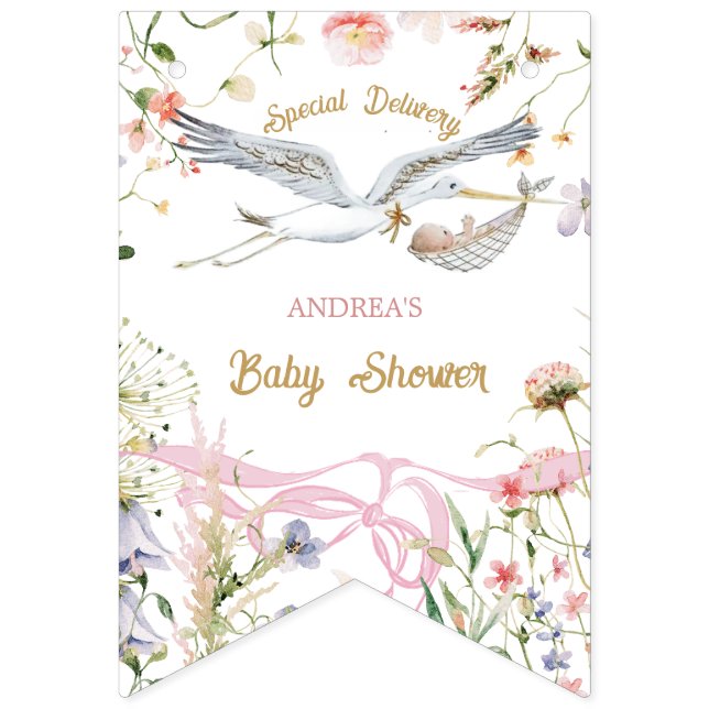 Stork Wildblomribbon och Bow Baby Shower Vimplar (Första flaggan)