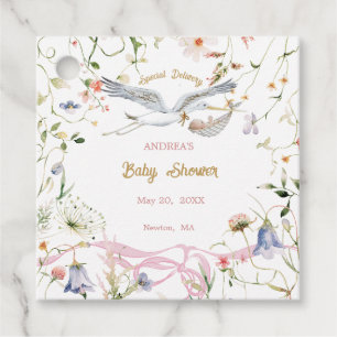 Stork Wildflower Ribbon Baby Shower Favor Tags Gåvor Etiketter