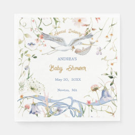 Stork Wildflower Ribbon Baby Shower Paper Napkin Pappersservett