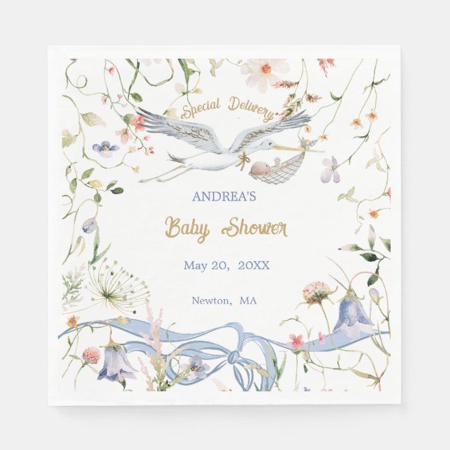 Stork Wildflower Ribbon Baby Shower Paper Napkin Pappersservett (Framsidan)