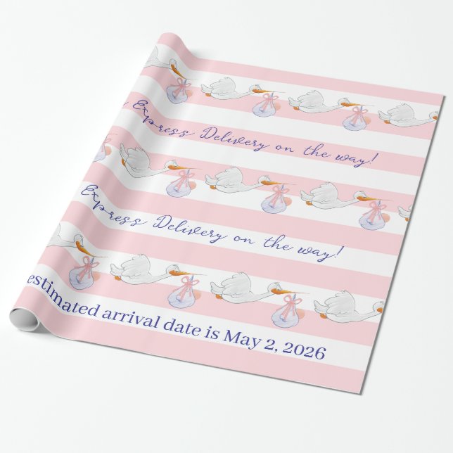 Storkbaby presentpapper rosa & vit rand  (Utrullad)