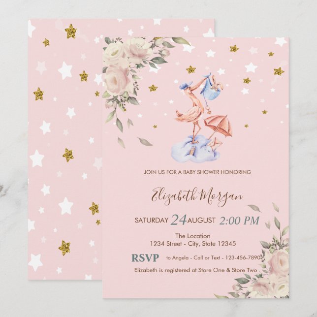 Storkblommor, stjärnor baby shower inbjudningar (Fram/baksida)