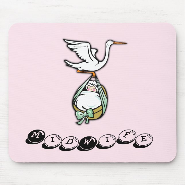Storken bär en babyflicka med barnmorska musmatta (Framsidan)