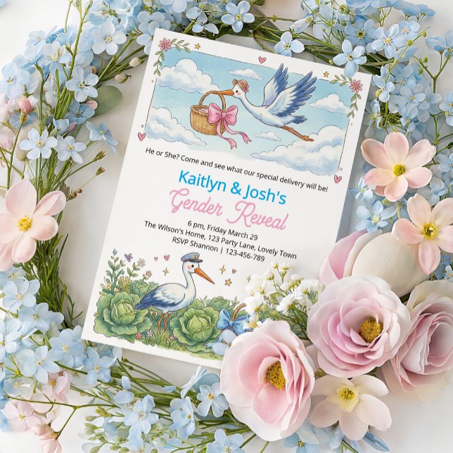 Storkkålrot Köns Avslöjande Fest Inbjudningar (Stork Storybook themed Gender Reveal Invitation)