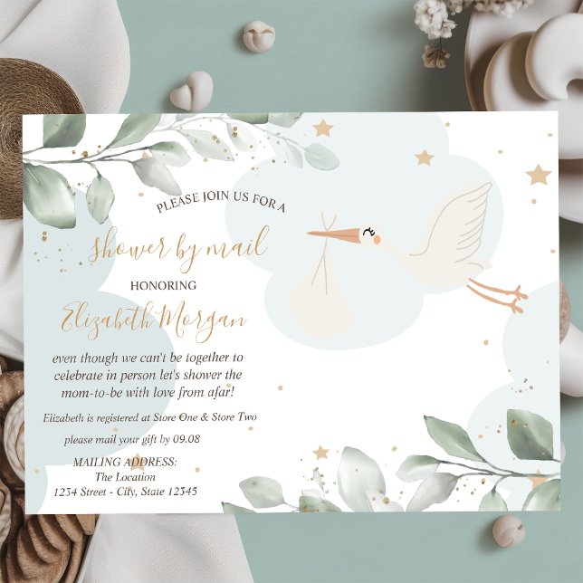 Storkleverans, moln, stjärnor, baby shower via pos inbjudningar (Skapare uppladdad)