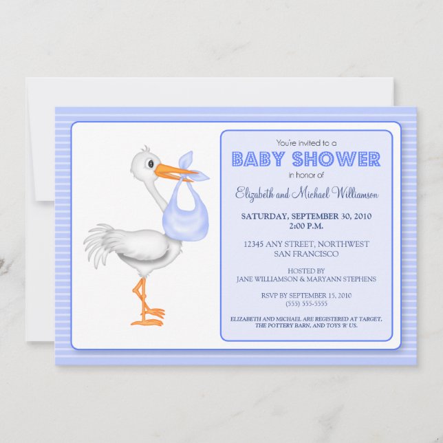 Storks inbjudan för ankomstbaby shower (blått) (Framsida)