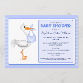 Storks inbjudan för ankomstbaby shower (blått)