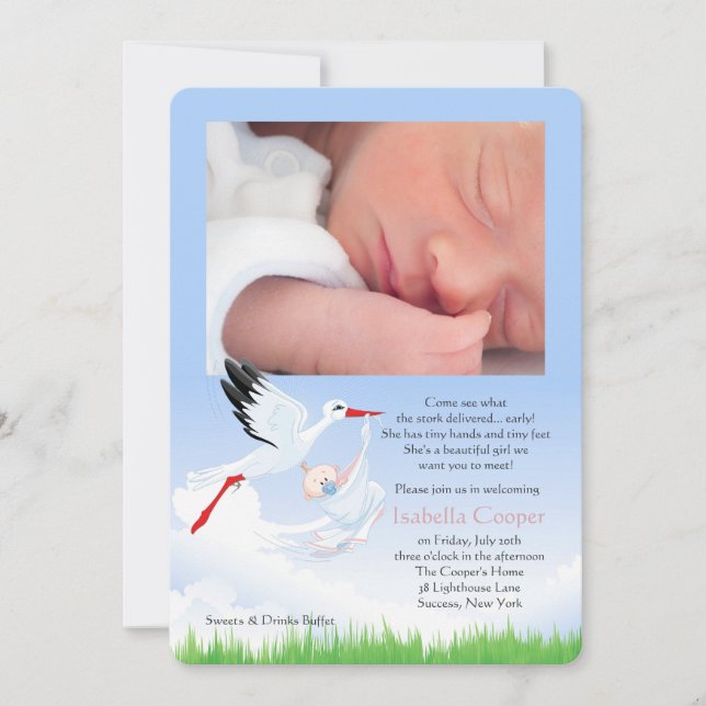 Stork'sens postar det tidiga leveransfotoet baby inbjudningar (Framsida)