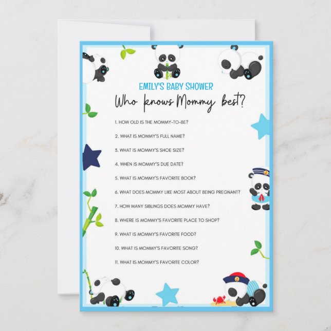 Storlek inbjudan till Blue Panda Baby Shower-spel (Framsida)