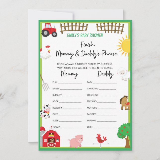 Storlek inbjudan till boskap Baby Shower-spel (Framsida)