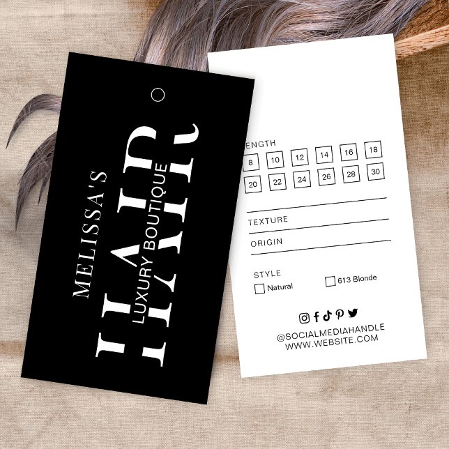 Storlek Märkre för  tillägg för svart hårfärg Visitkort (Minimalist black & white hair extensions bundle hang tag label design with sizing & style info)