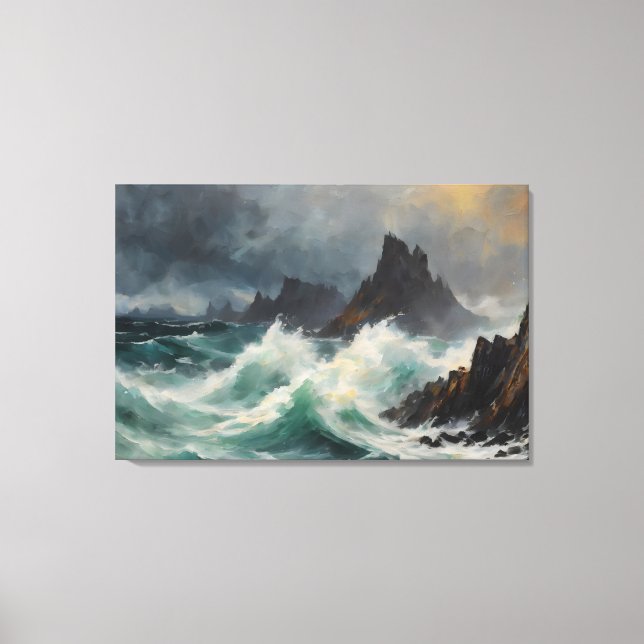 Storm vågar slå stranden i en dyster atmosfär canvastryck (Framsida)