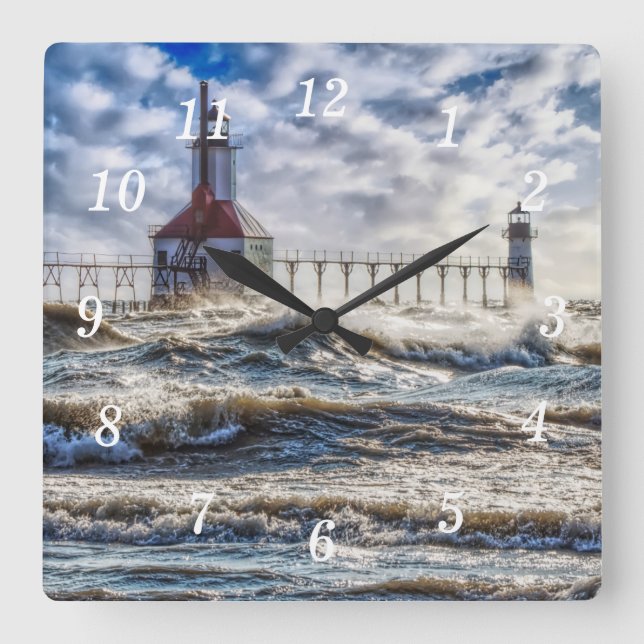 Storm vid St Joseph Lighthouse Wall Clock Fyrkantig Klocka (Framsida)