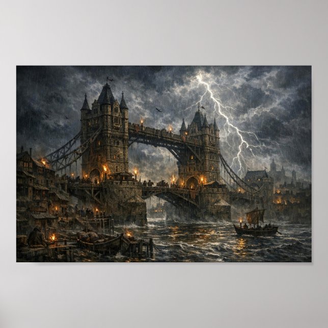 Stormbundet medeltida London Tower Bridge Affisch (Framsidan)