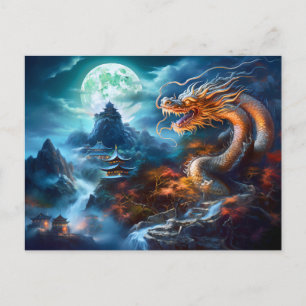 Stormcaller – Kinesisk Airbrush-Drake i Blått Ljus Vykort