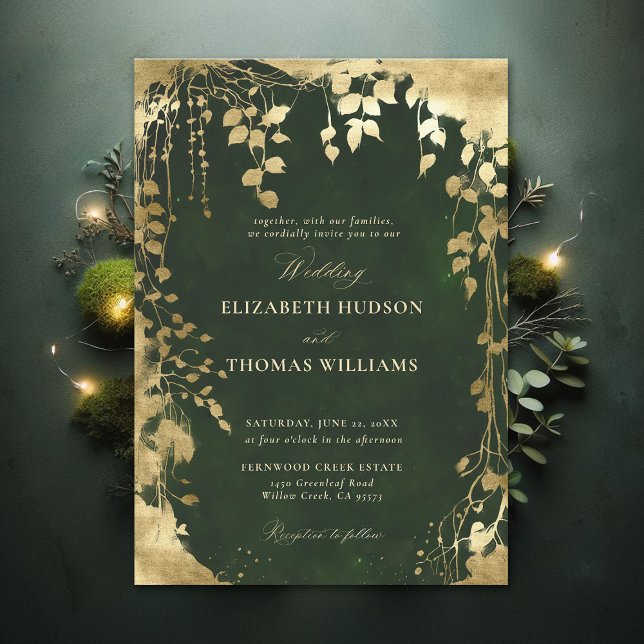 Stormen Ram i Magic Bröllop Inbjudningar (Enchanted Forest Hunter Green Draped Greenery Frame Modern Calligraphy Wedding Invitation)