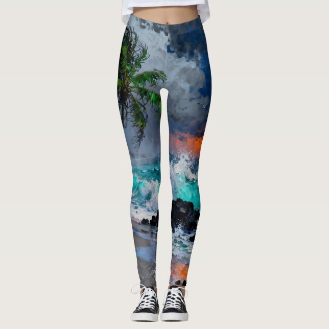 Stormig frid: Regn och vind strand vid solnedgång  Leggings (Framsida)