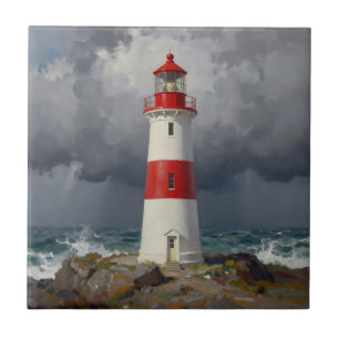 Stormig röd fyr kust kakelplatta