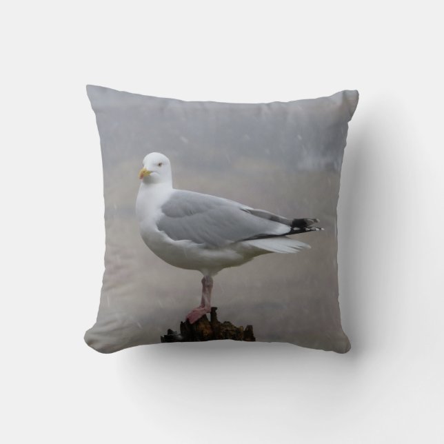 Stormig Snö Söt Måsfågel Fågel Vinterscen Kudde (Framsida)