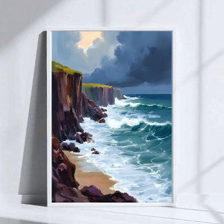 Stormig strand | målning av havsvågor på stranden poster