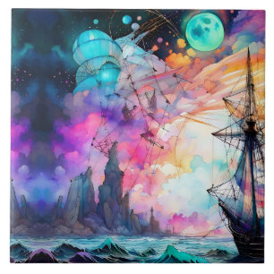 Stormiga hav, futuristiska Måne Abstrakt Kakelplatta