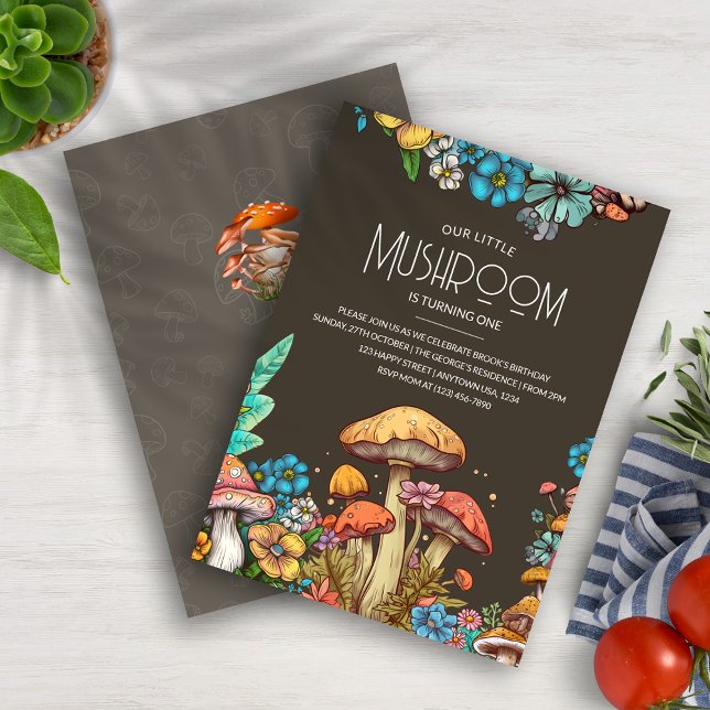 Stormsvamp 1:a födelsedagekortets barn Inbjudan (1st Birthday Mushroom Theme Invitation Kids Party Invite)