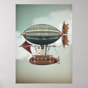 Stormy Himlar Airship Aleutian   Steampunk Travel Poster