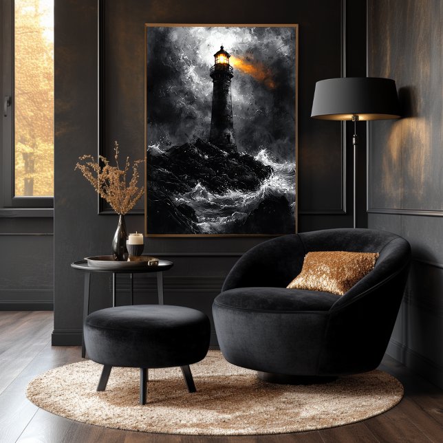 Stormy Lighthouse i Dramatic Monochrome Stil Poster (Skapare uppladdad)