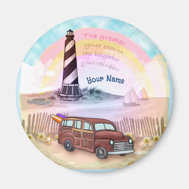 Stormy Rainbow Lighthouse round Magnet (Framsidan)