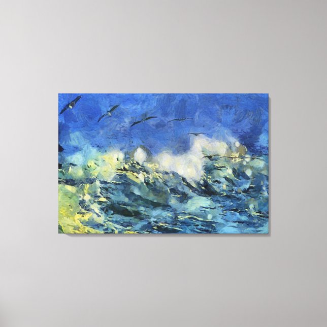 Stormy Sea med Fiskmås i Blue och Gult Canvastryck (Framsida)