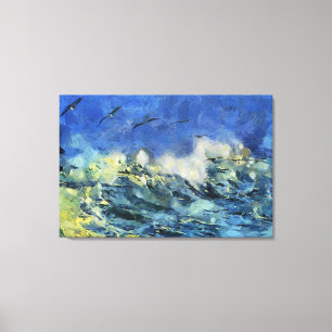Stormy Sea med Fiskmåsar i Blue och Gult Canvastryck