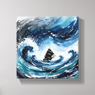 Stormy Seas Abstrakt Frakt Wall Art - Navy & Teal  Canvastryck