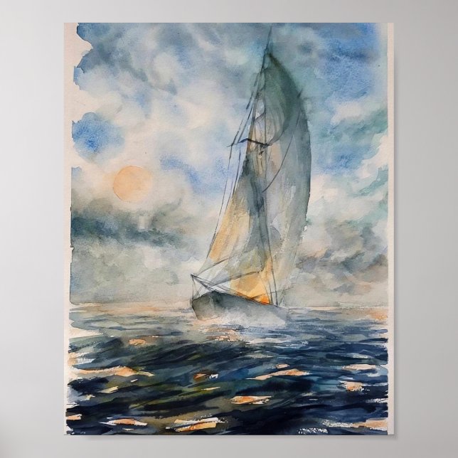 Stormy Seas Sailboat Watercolor Art Poster (Framsidan)