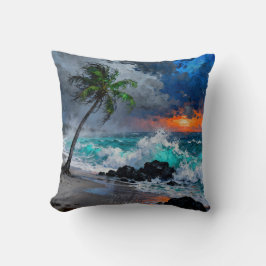 Stormy Serenity:Rain and Wind on a Beach at Sunset Kudde