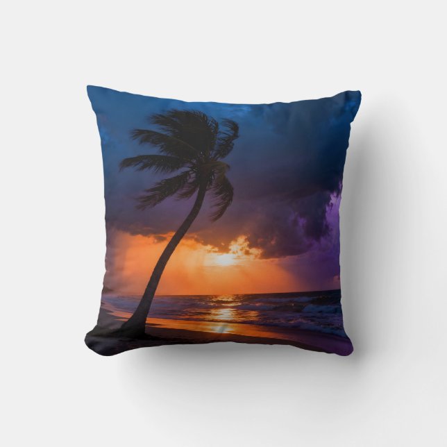  Stormy Sunset Beach Pillow Dramatic Lone Palm Kudde (Framsida)