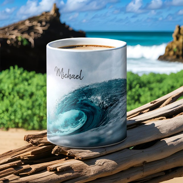 Stormy Teal Blue Ocean Wave Rough Vatten Surfing Kaffemugg (Ocean wave personalized surfing mug)