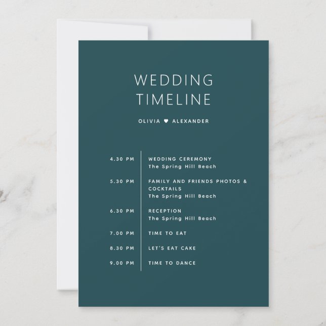 Stormy Teal Wedding Timeline | Elegant Schedule Inbjudningar (Baksida)