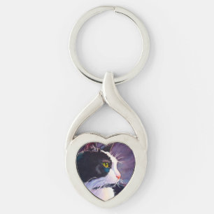 Stormy Tuxedo Cat Twisted Heart Silverfärgad Nyckelring