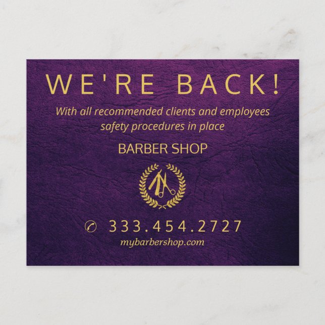 Stornyöppnad covid-19 barbersalonmeddelande vykort (Framsida)