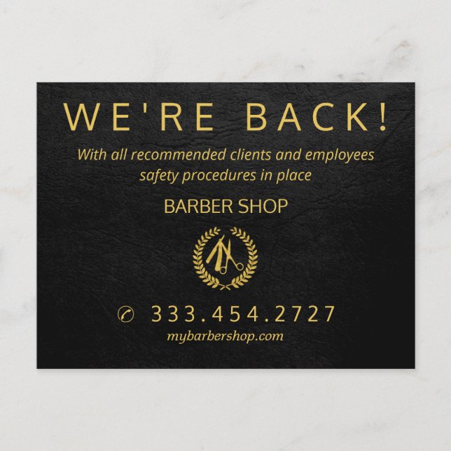 Stornyöppnad covid-19 barbersalonmeddelande vykort (Framsida)