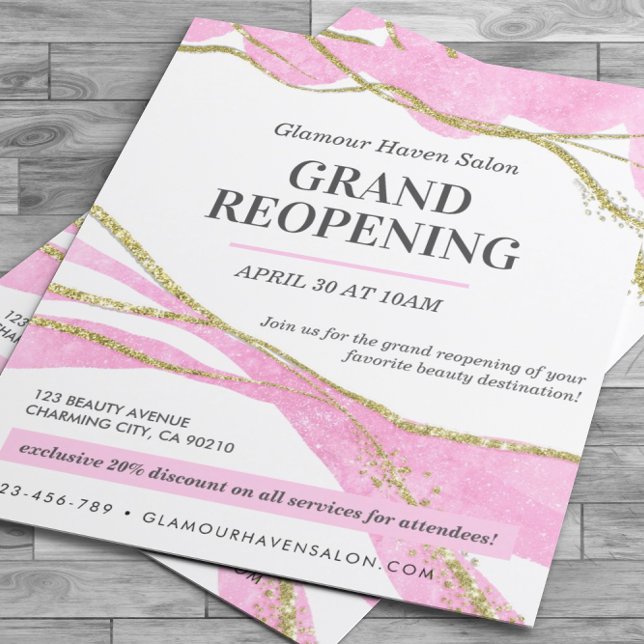 Storöppning av Rosa Glitter Guld Salon Flyer (Skapare uppladdad)